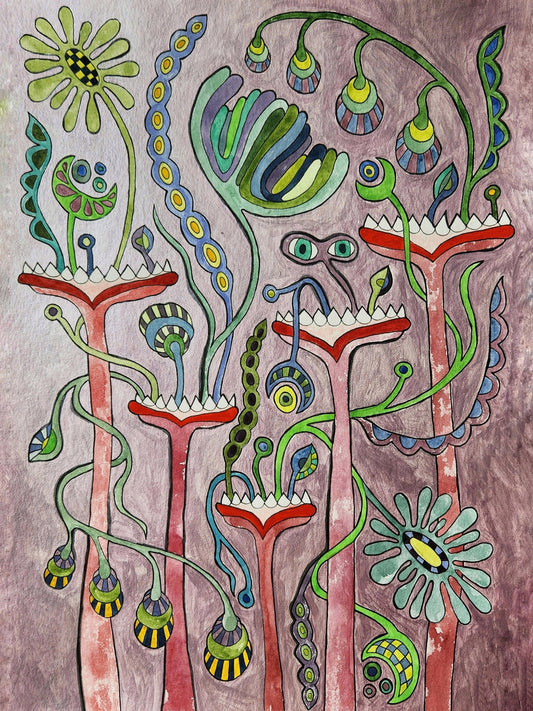 "Your Jungle" pastel pink fantasy art with abstract floral motifs and whimsical plants, created using watercolor, acrylic paint, and liner marker on 250 g paper.