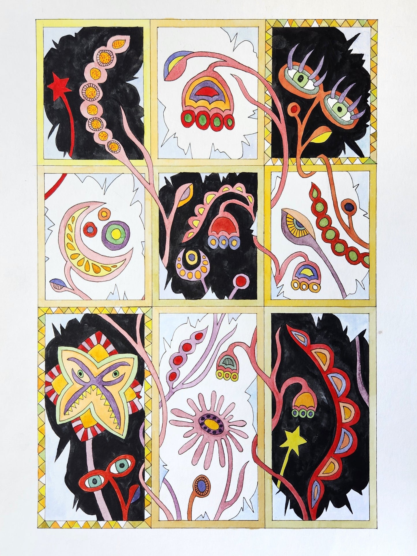 Life Is Not A Zebra original folkloric mixed media artwork with black botanical fantasy forms