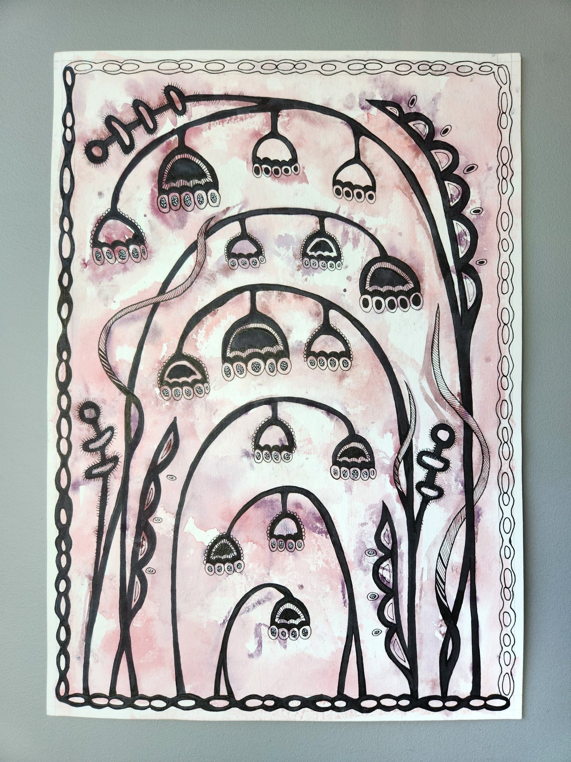 Lullaby Bells gothic botanical mixed media drawing photographed as original art on paper