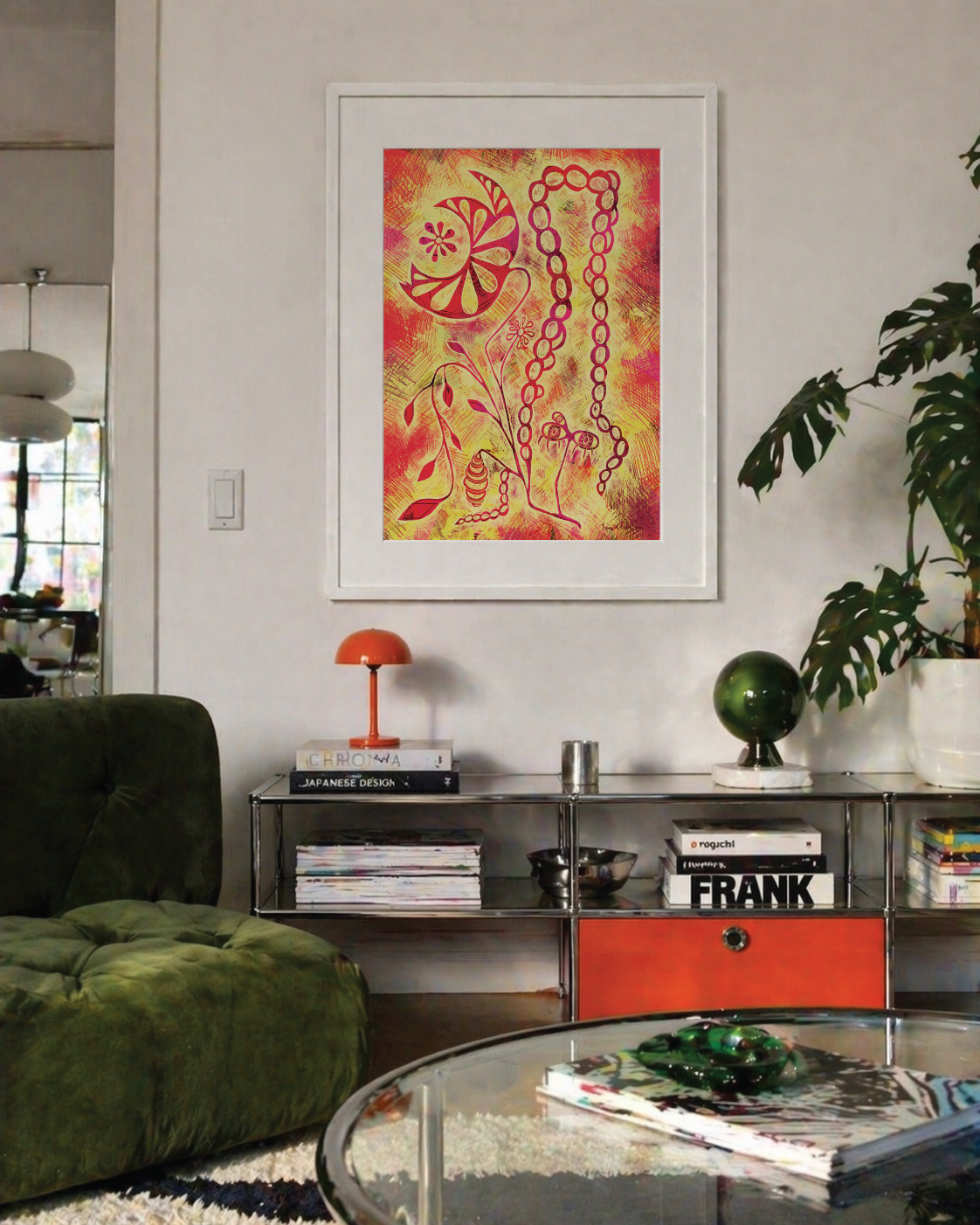 Flawed vibrant floral wall art print styled in a colourful maximalist interior