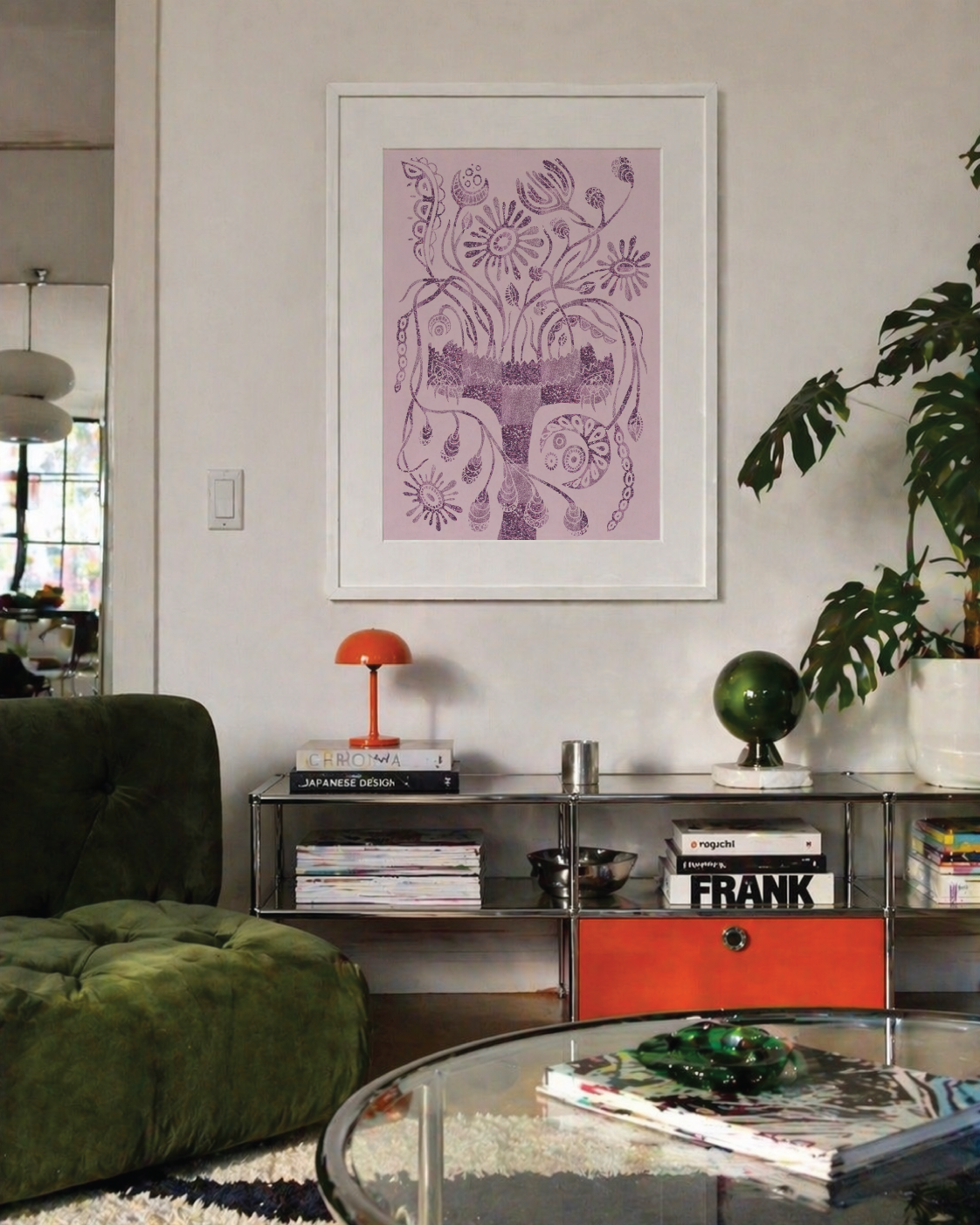 Lilac purple Vase botanical wall art print styled in an eclectic interior