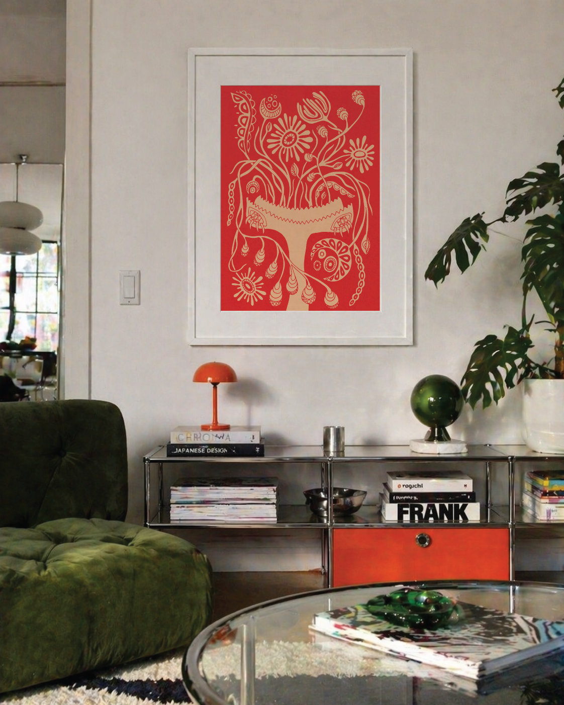 Red and orange Vase botanical wall art print styled in a warm eclectic interior