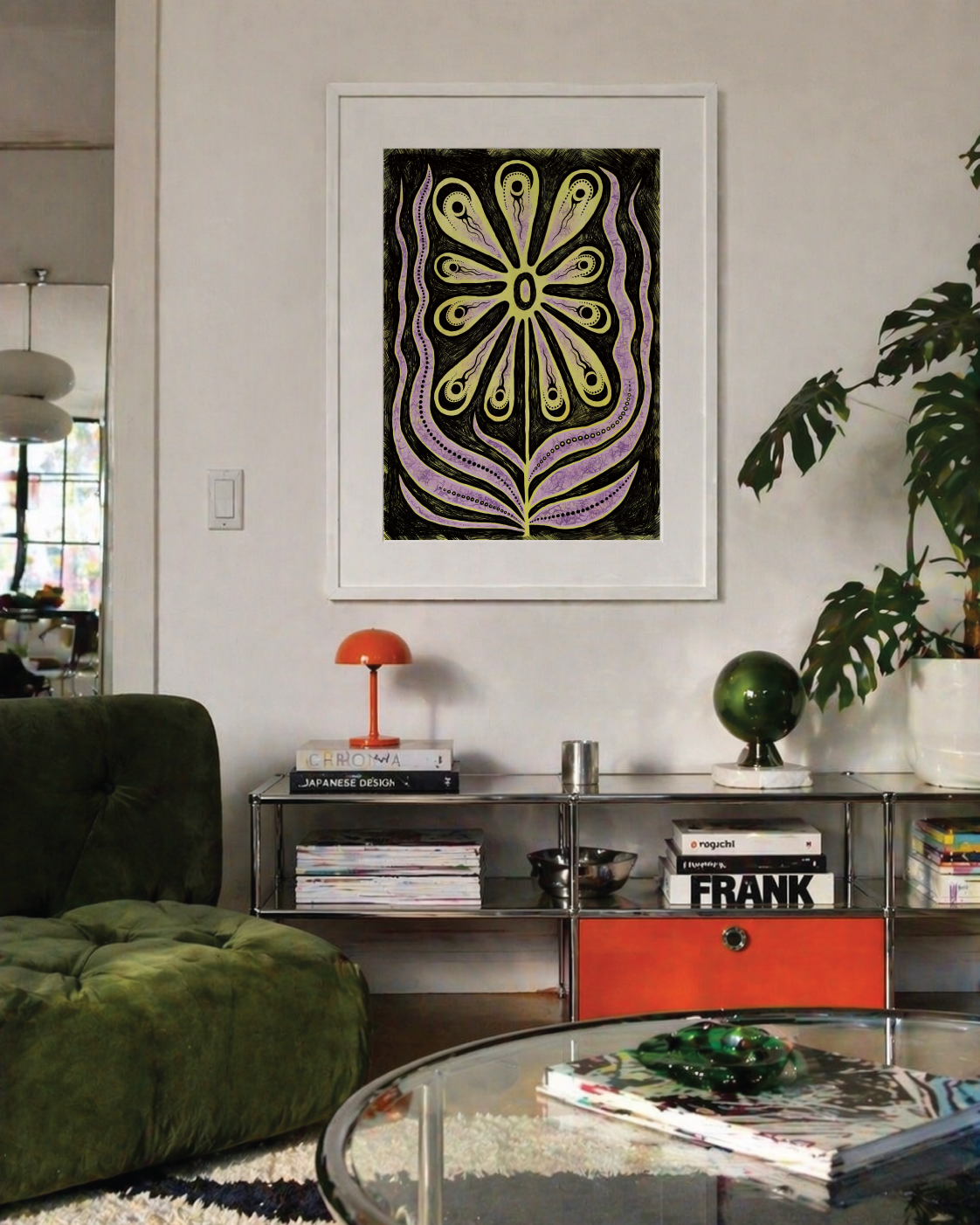 Sun gothic botanical wall art print styled in an eclectic interior