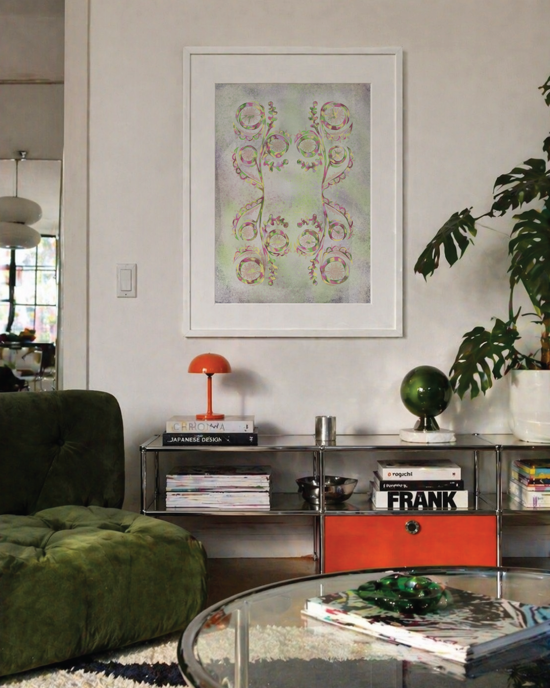 Synchronic Vibration pastel botanical wall art print styled in an eclectic interior