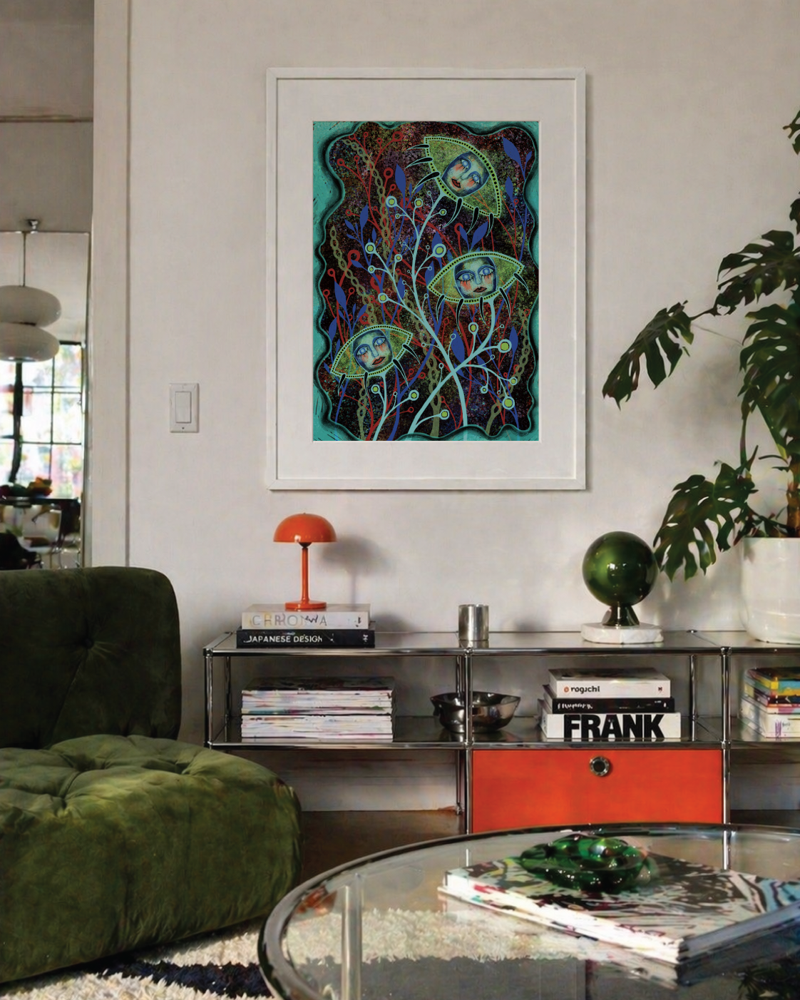 Embryo surreal botanical wall art print styled in a fantasy interior