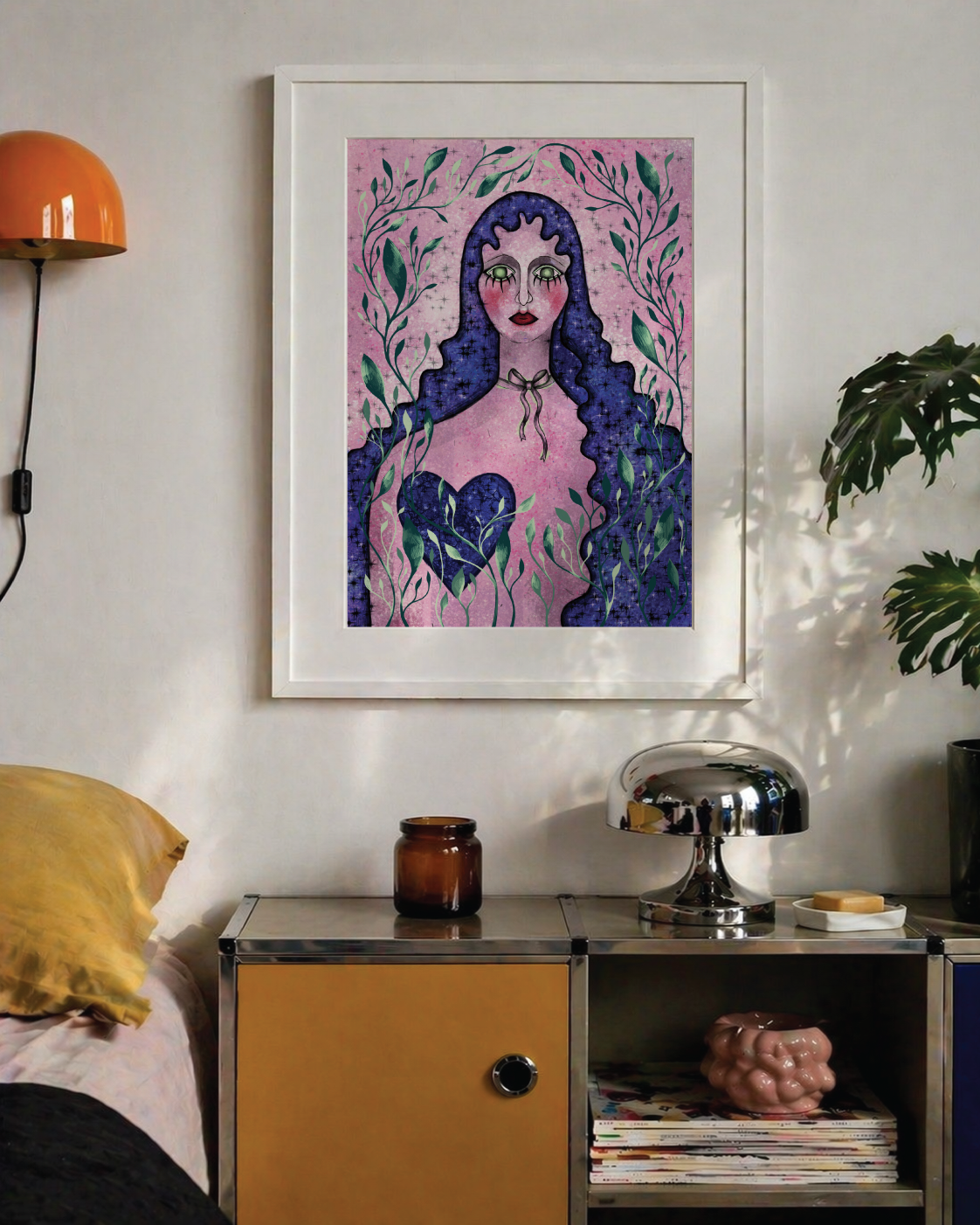 Maria fantasy female portrait wall art print with blue and pink symbolic details