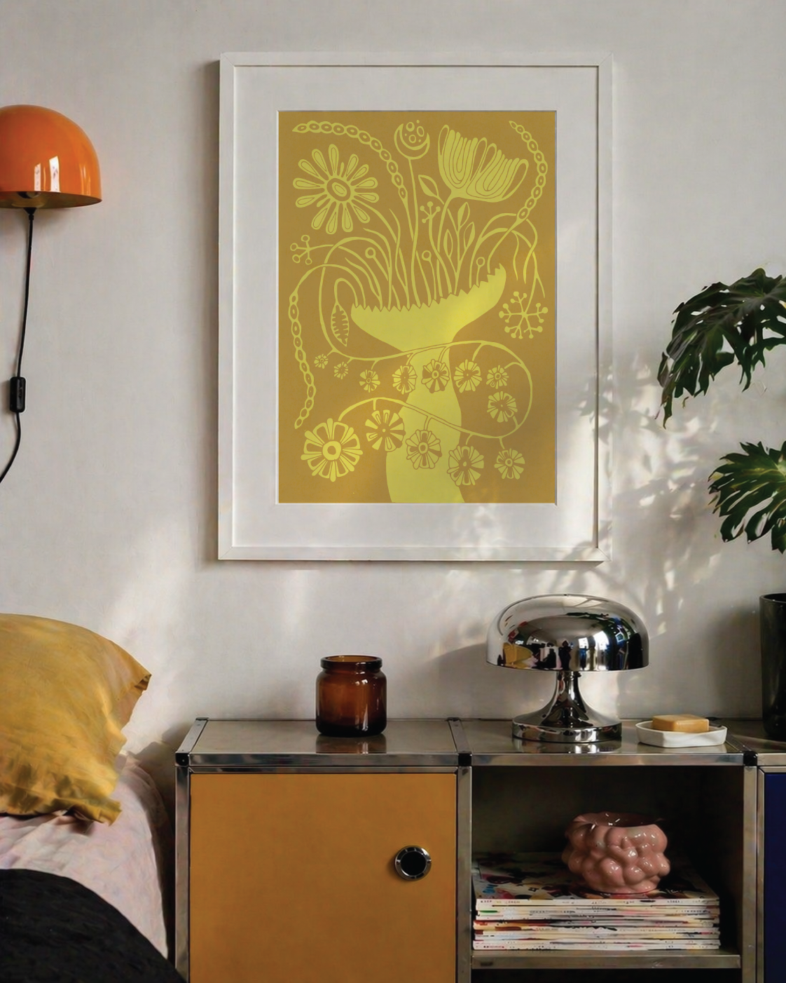 Mustard yellow Vase botanical wall art print with warm folk floral details