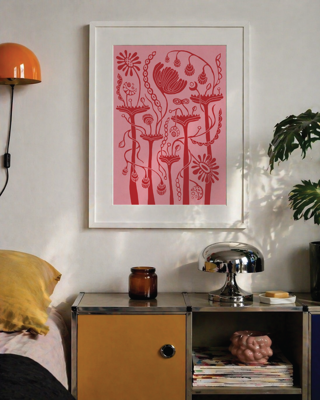 Pink Vase floral wall art print with red botanical fantasy details
