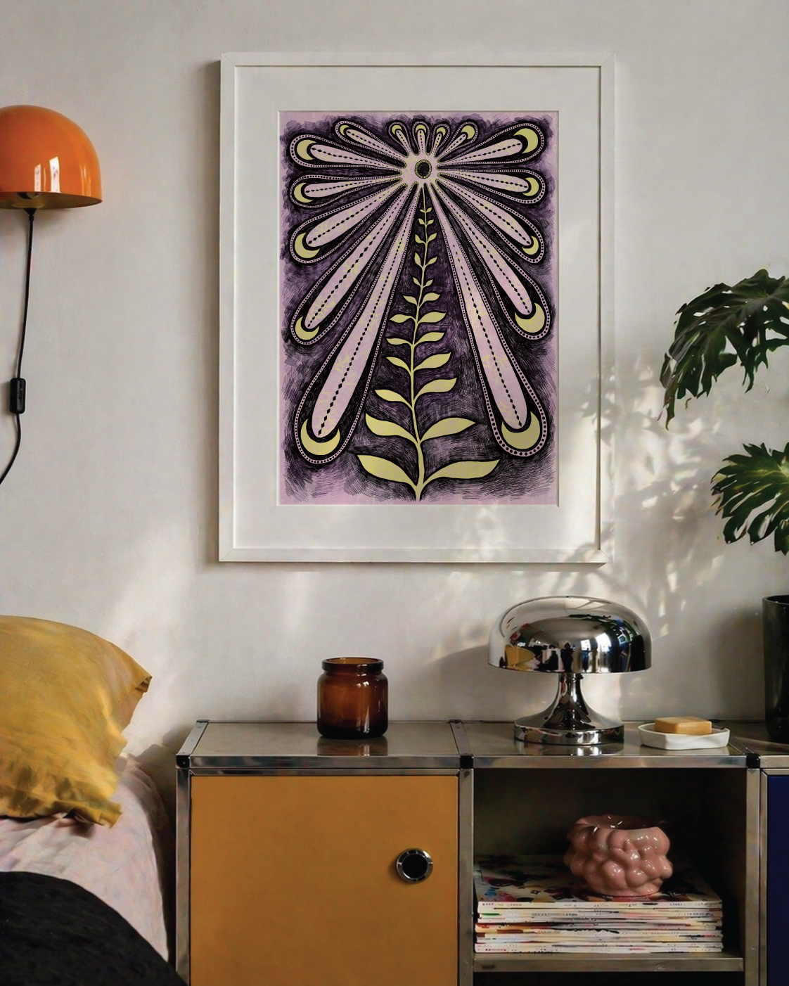 Blossom purple floral wall art print with stylised folk botanical details