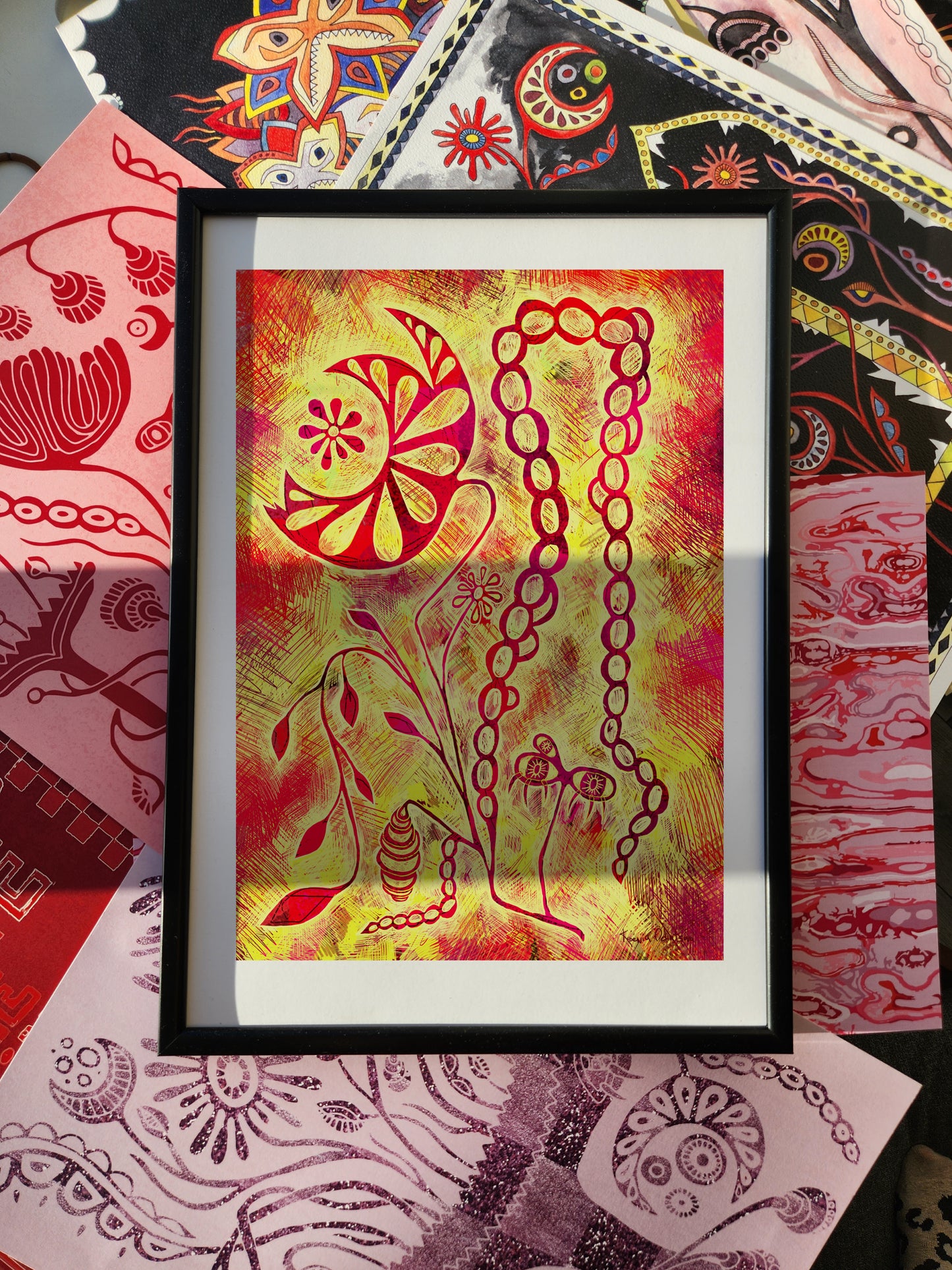 Abstract wall art poster with surreal red and yellow patterns, featuring floral mandala and chain-like motifs, bold modern art print in maximalist aesthetic.