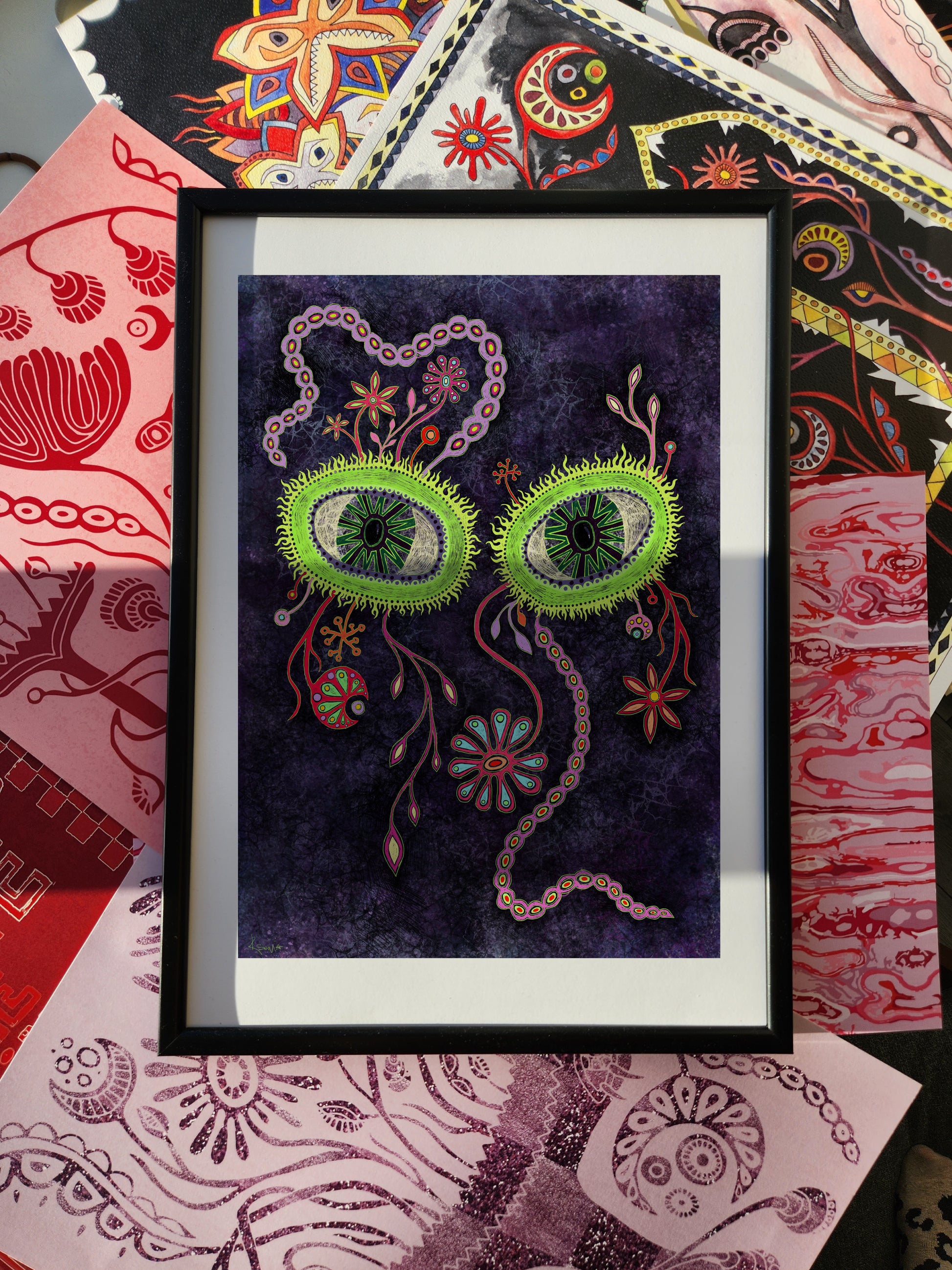 Surreal fantasy wall art poster featuring glowing green abstract eyes on a deep purple background with floral and cosmic details, mystical modern print.