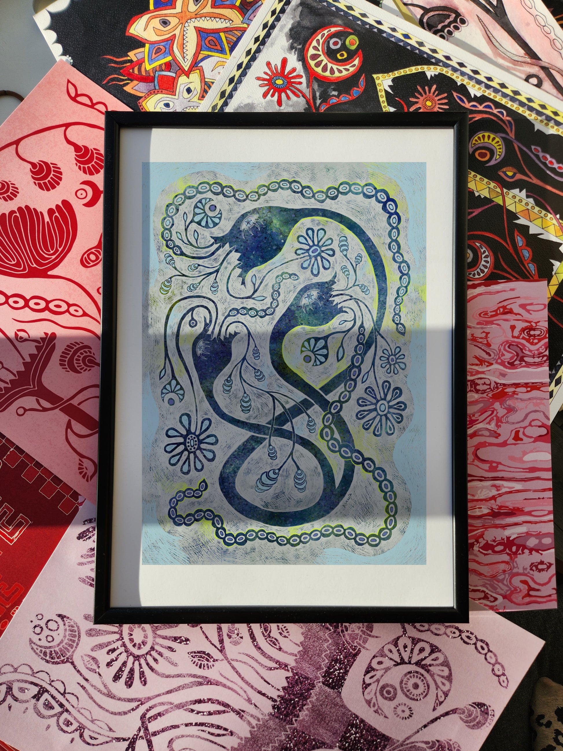 Dreamcore wall art poster with surreal blue and green serpentine forms, floral motifs, and abstract patterns, mystical decor print for fantasy-inspired interiors.