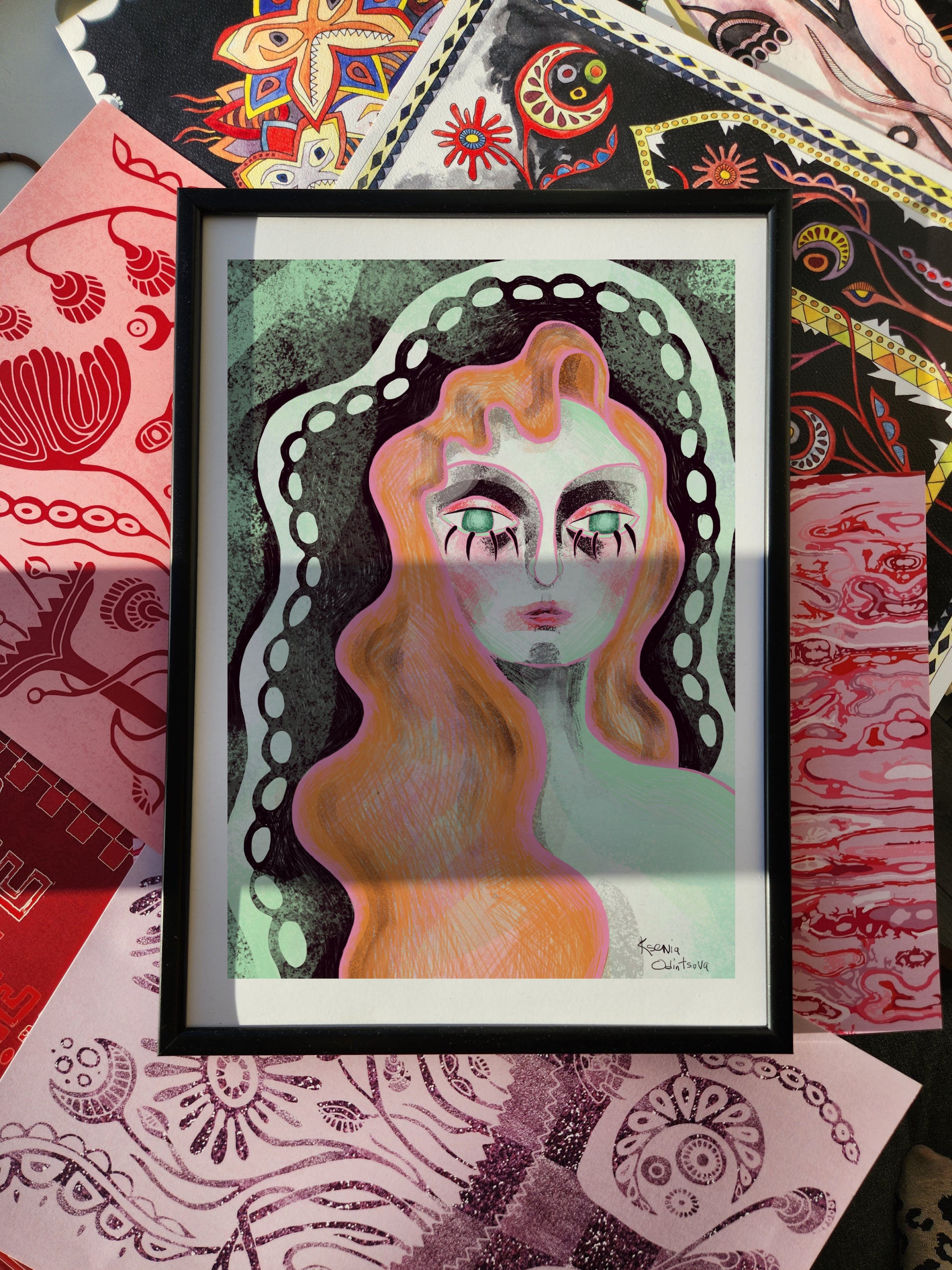 Abstract female portrait poster with surreal orange and green tones, bold eyes, and expressive lines, modern wall art print.