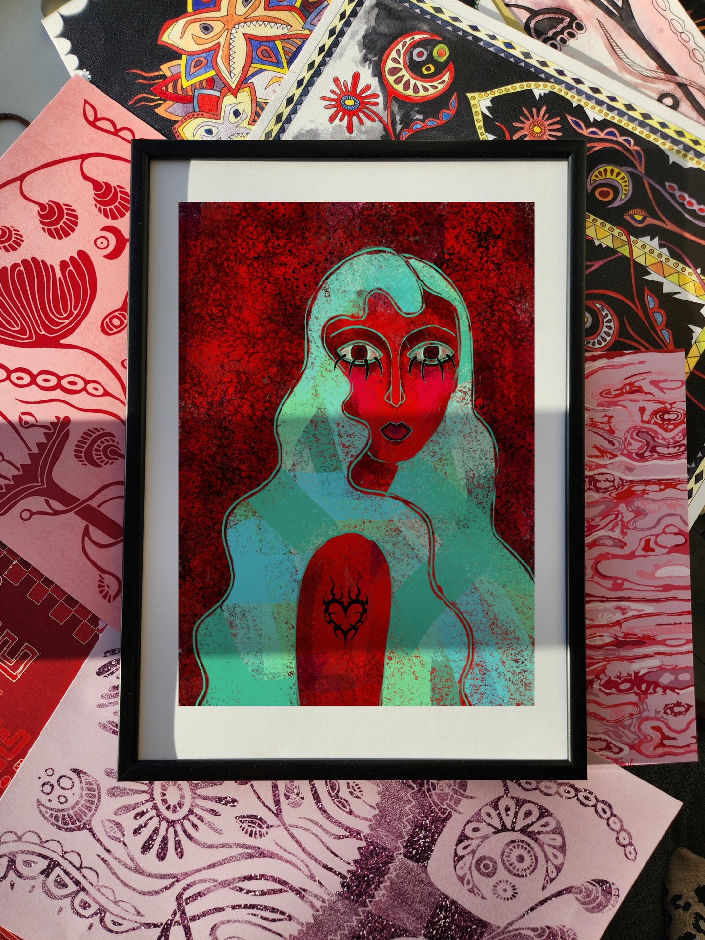 Edgy portrait wall art poster with surreal female figure, bold red and turquoise tones, and symbolic tattoo heart design, modern print.