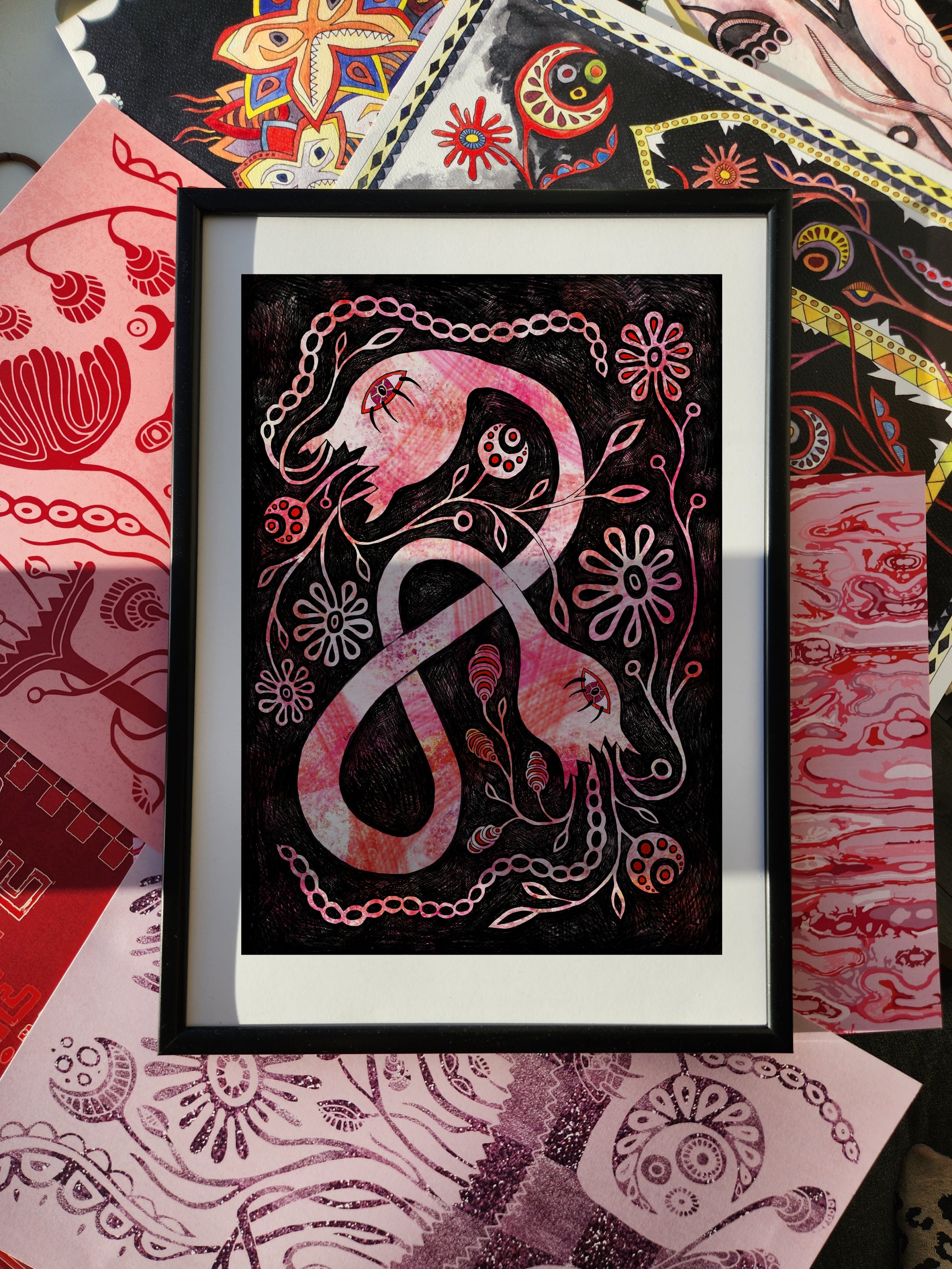 Dark art print featuring surreal intertwined serpent-like forms with floral motifs on a black background, gothic-inspired wall art poster with mystical symbolism.