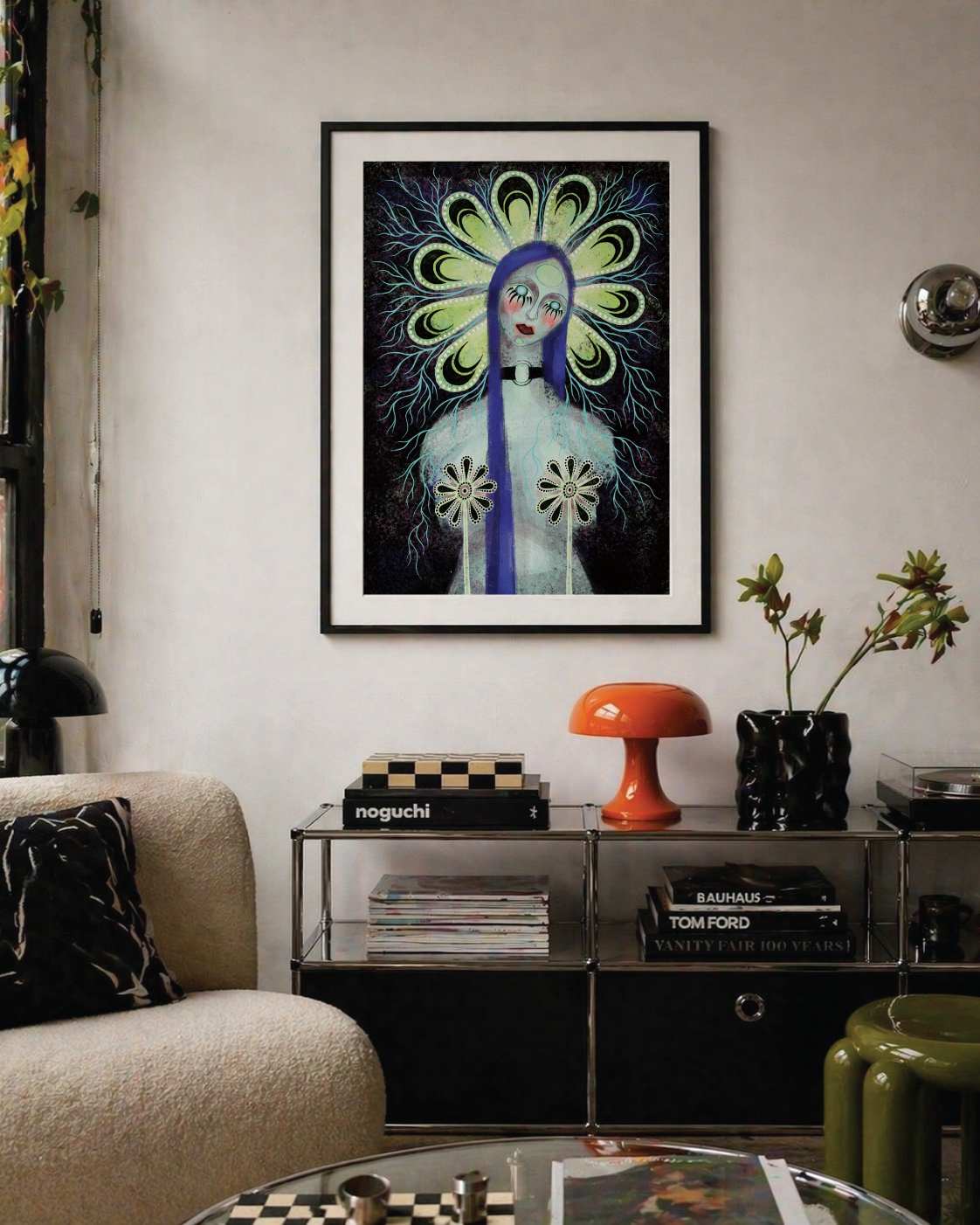 Sinner gothic female portrait wall art print styled in a moody interior
