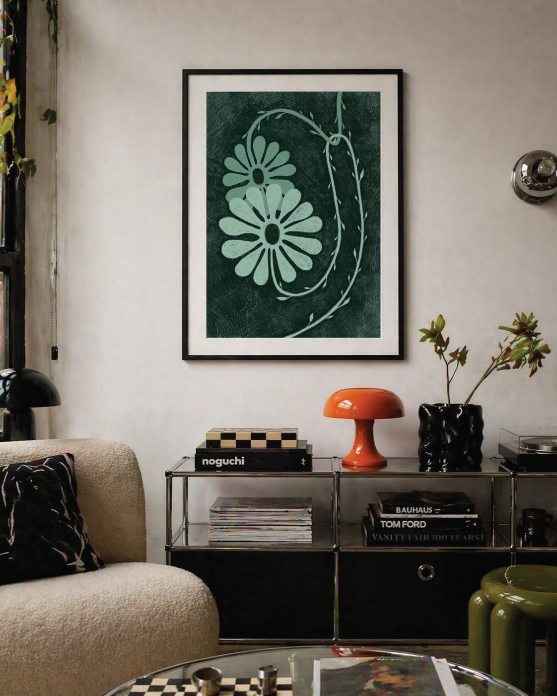 Sprout green botanical wall art print styled in a soft eclectic interior