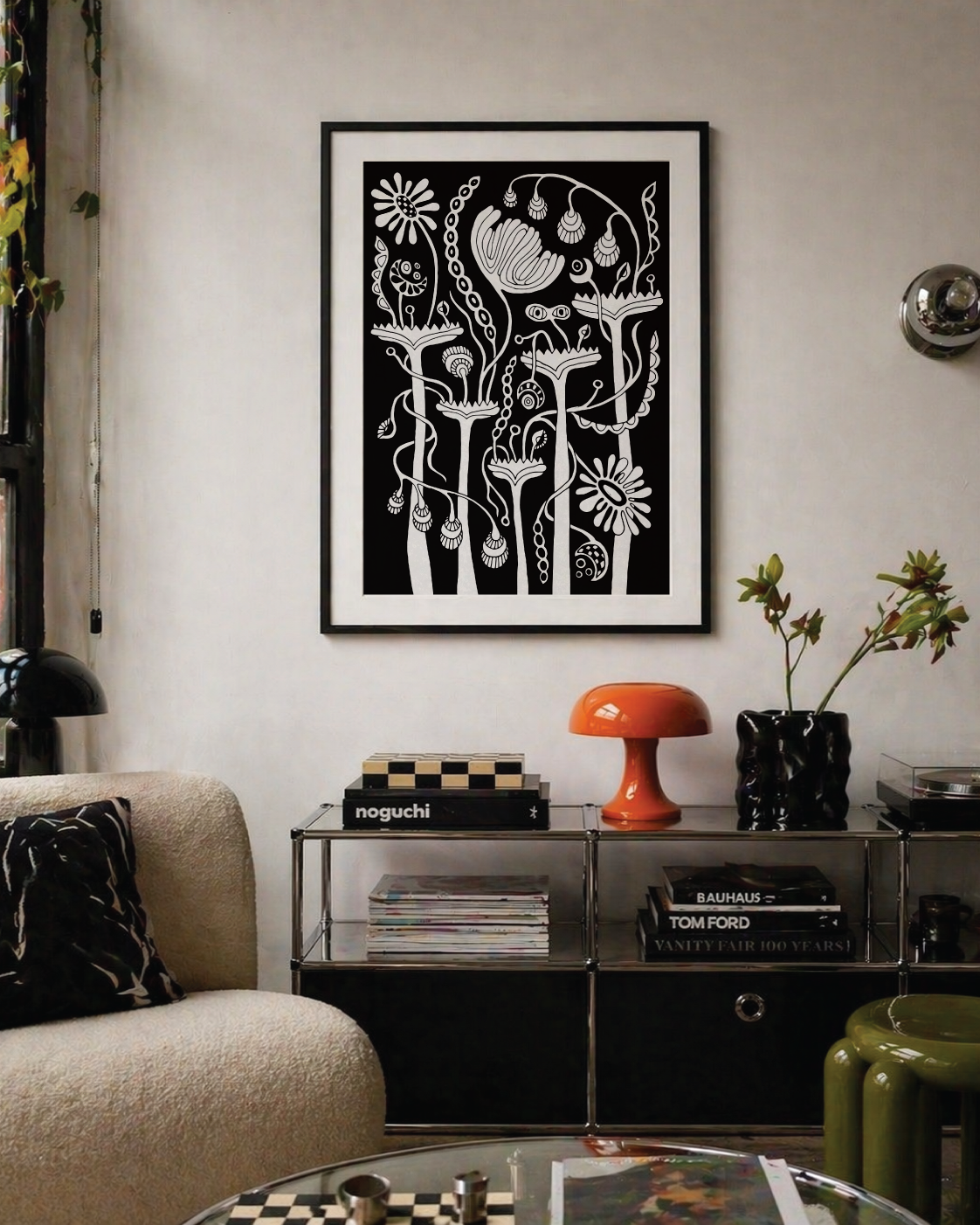 Vase monochrome botanical wall art print styled in a modern eclectic interior
