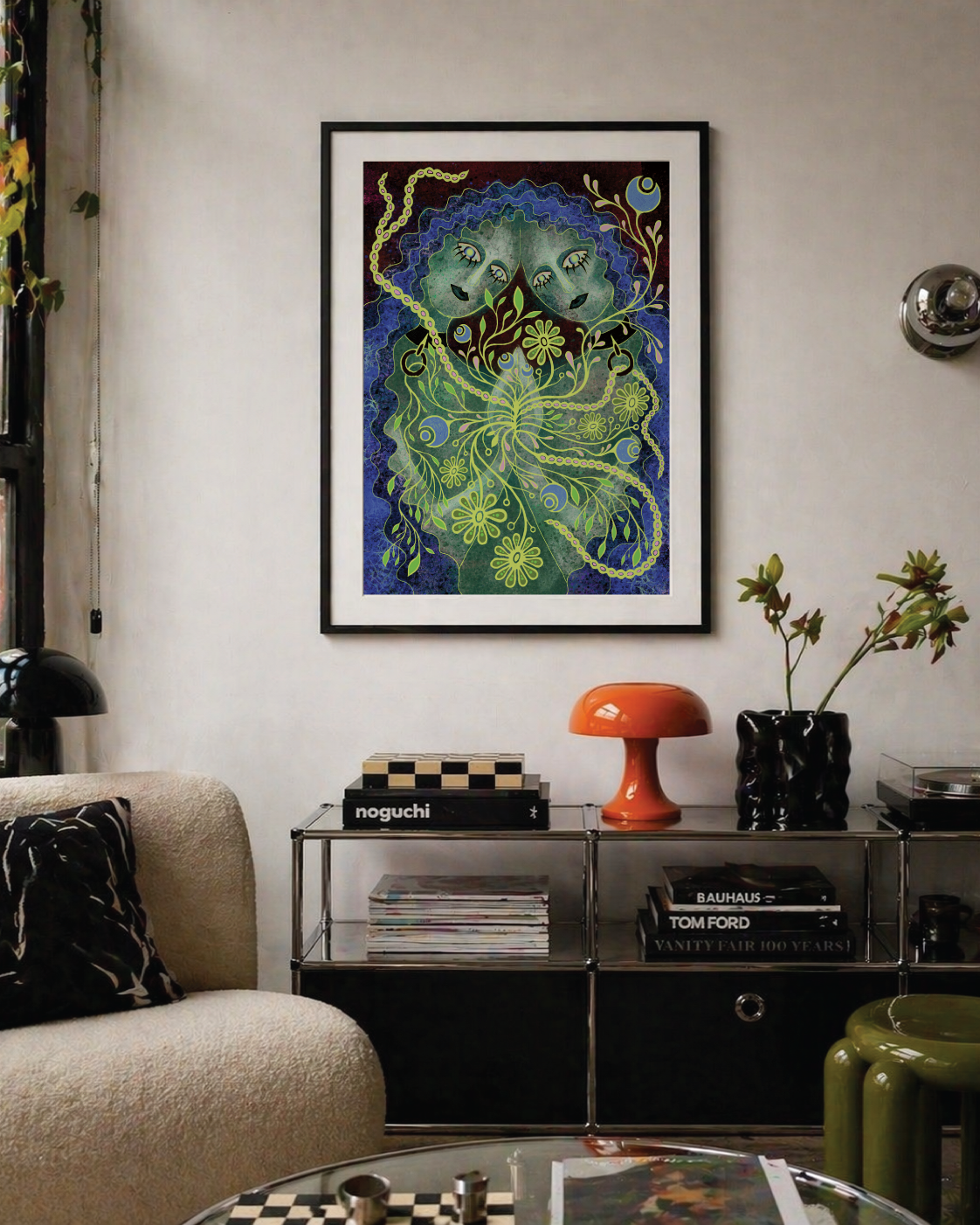 Virginia and Vita sapphic wall art print styled in a romantic eclectic interior