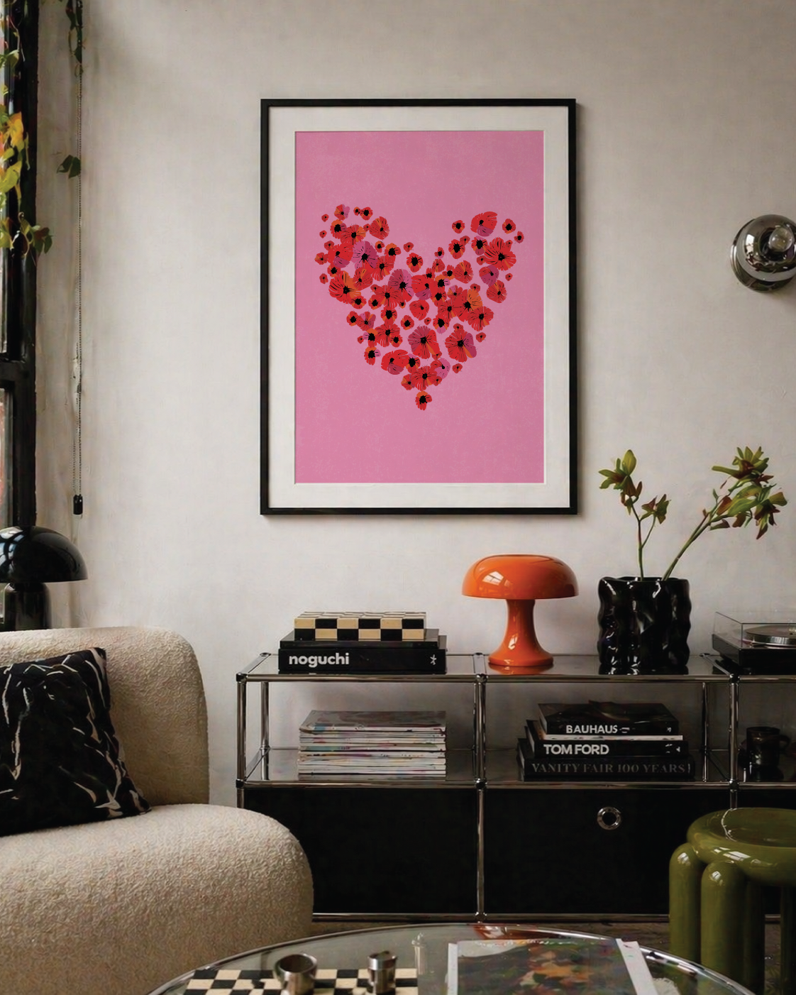 Devotion Symbol romantic floral heart wall art print styled in an eclectic interior