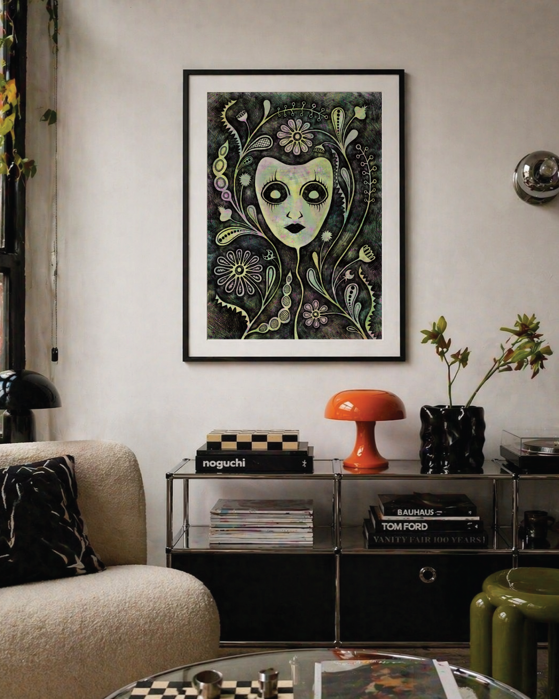 No Face But An Alluring Mask fantasy botanical poster styled in an eclectic interior