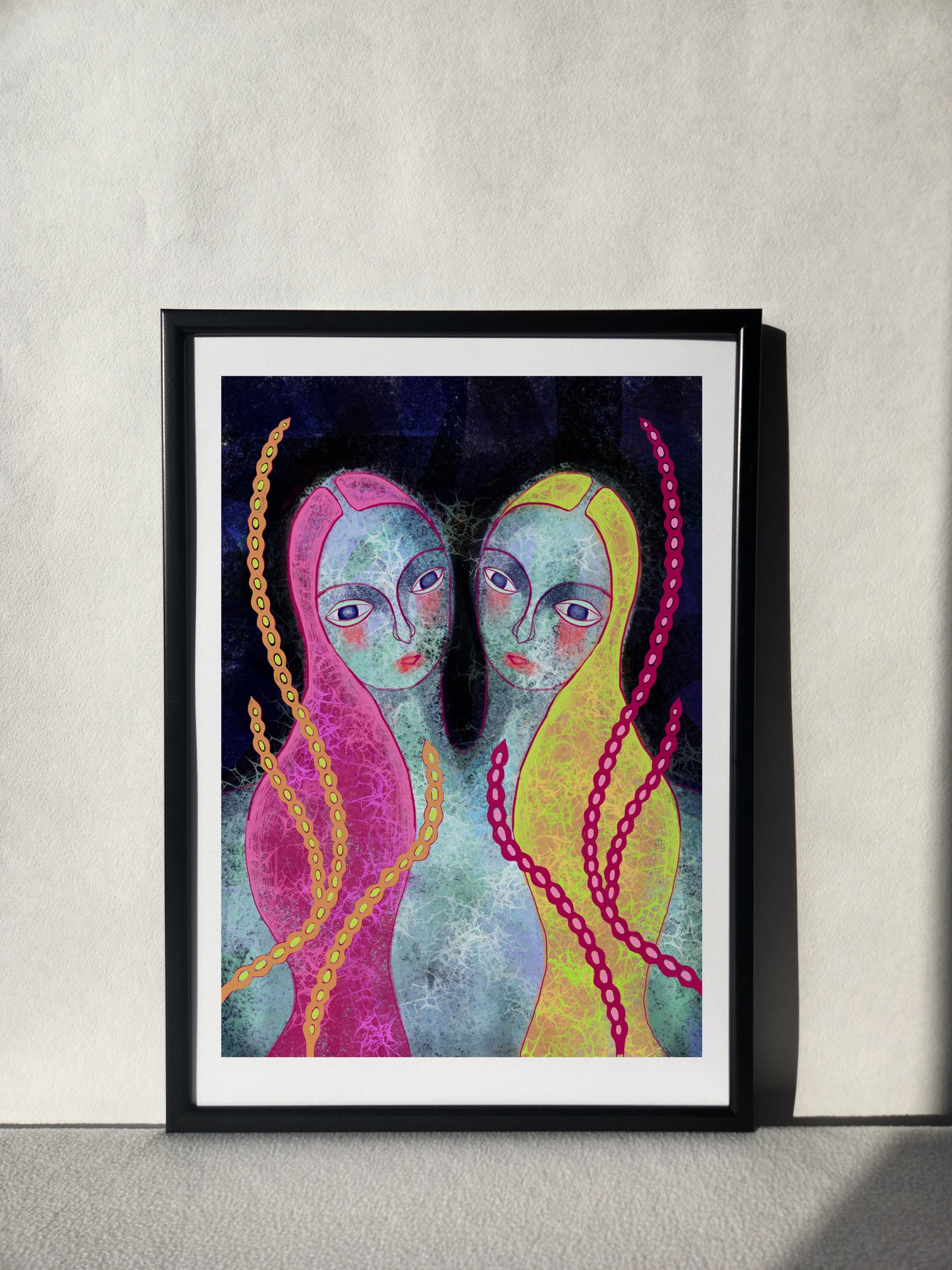 Abstract portrait of two girls in an eclectic wall art print by an independent artist for maximalist decor.