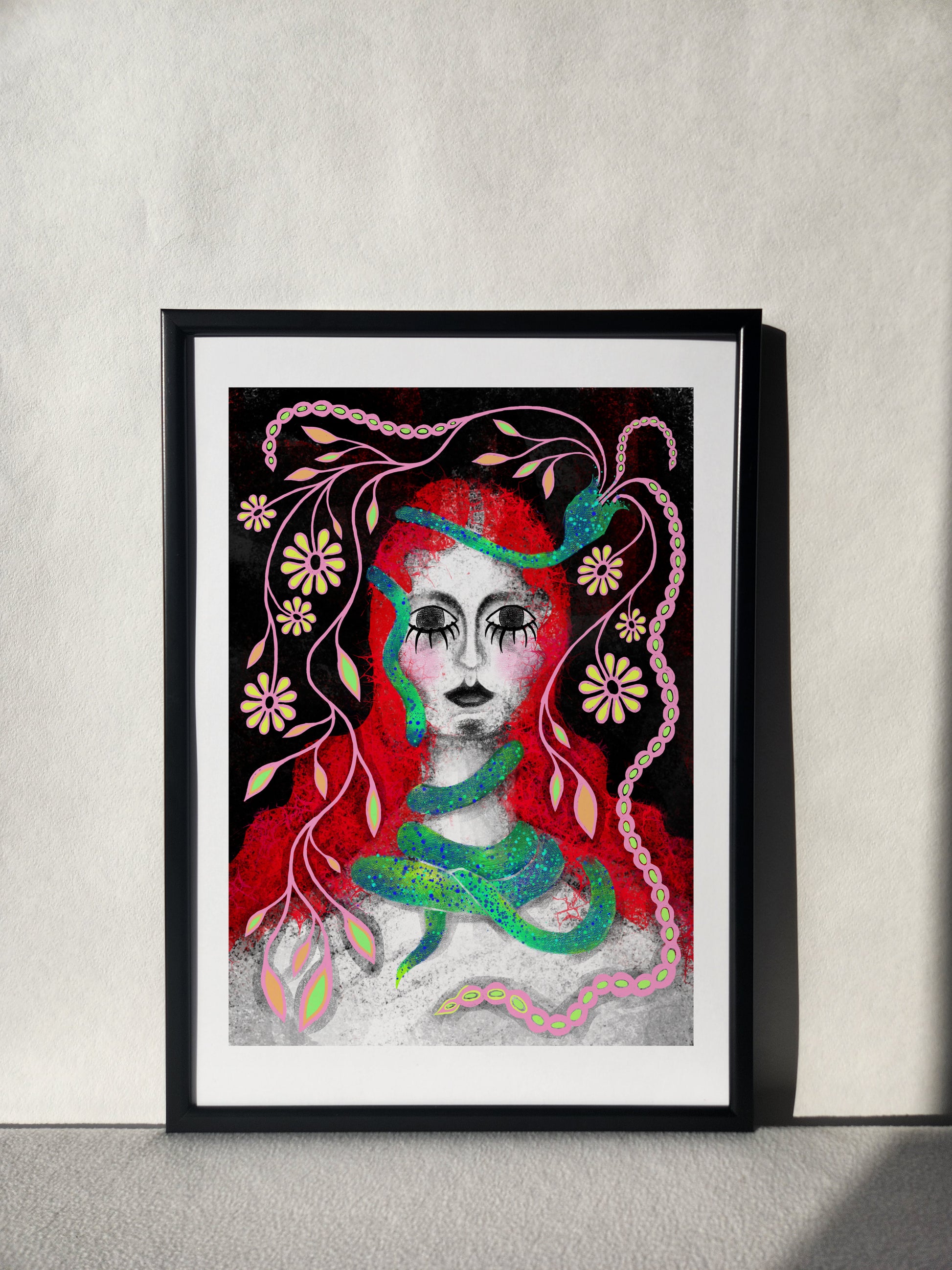 Gothic and feminine fantasy female portrait, ideal for dark maximalist room decoration.