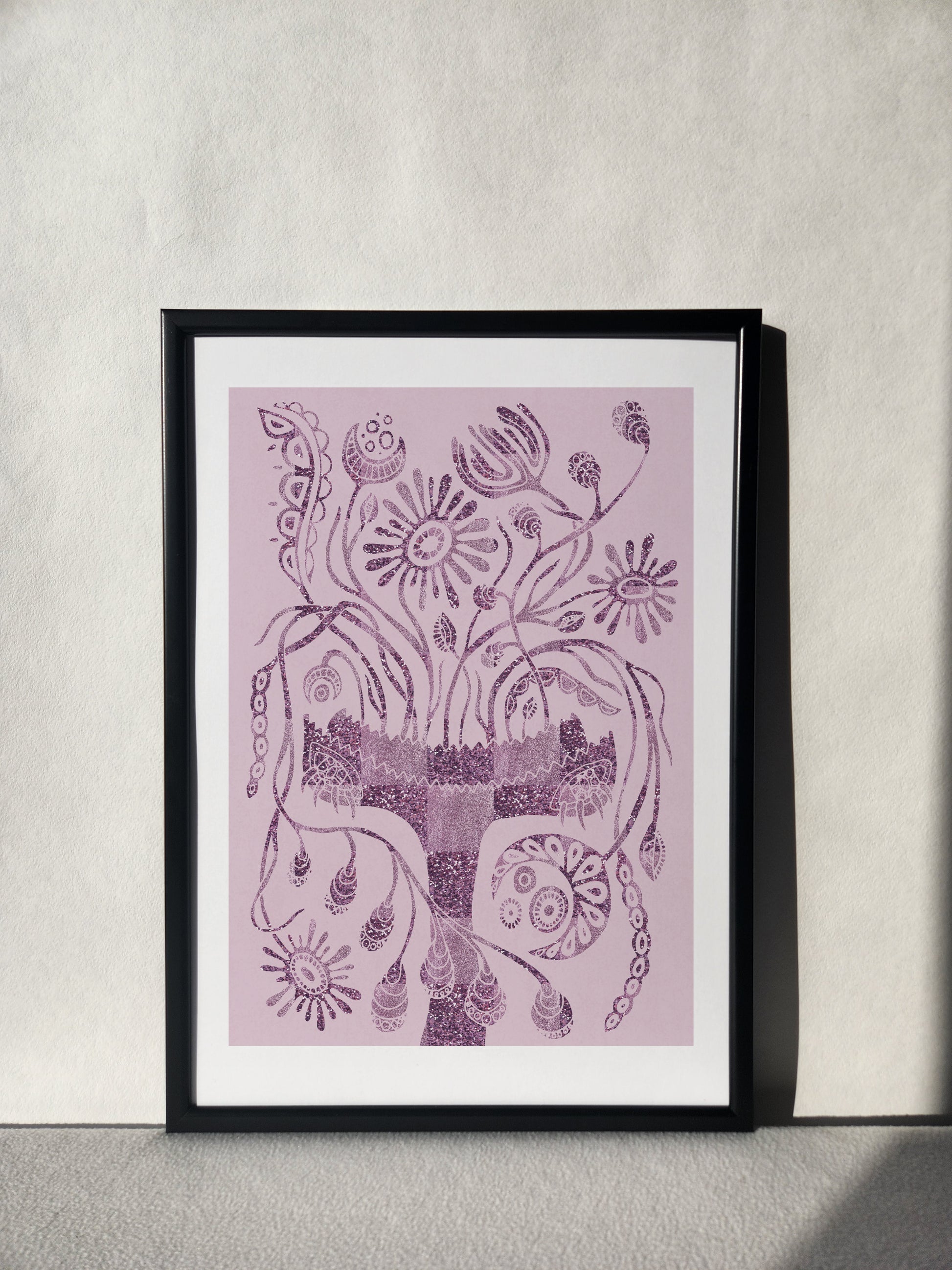 "Unique botanical poster in lilac purple hues for modern home decor."