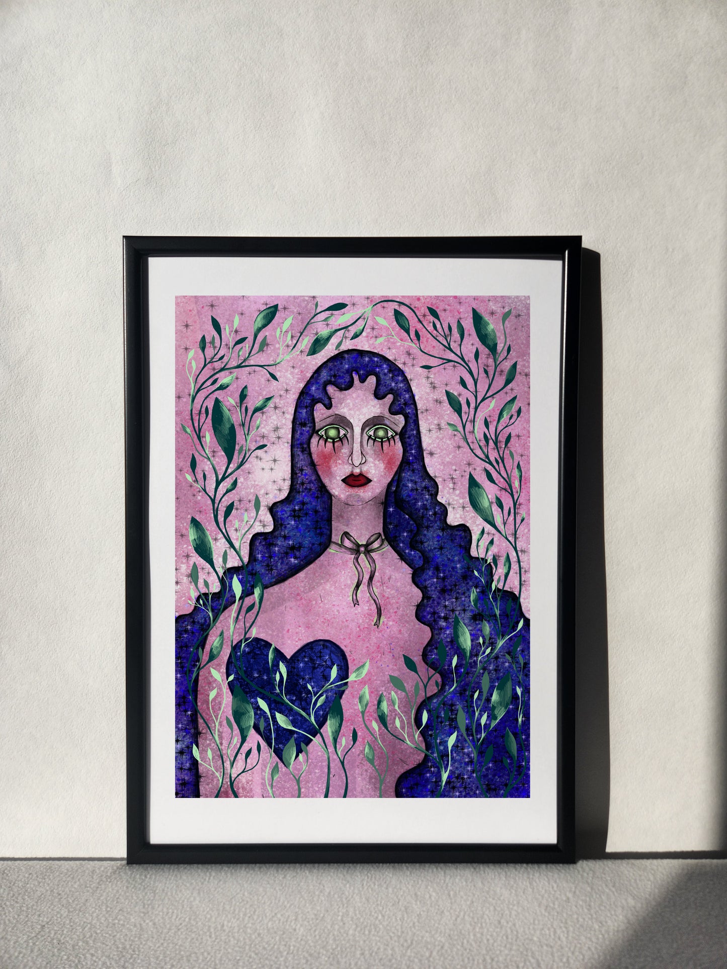 "Fantasy female portrait in enchanting lilac, purple, and blue wall art print"