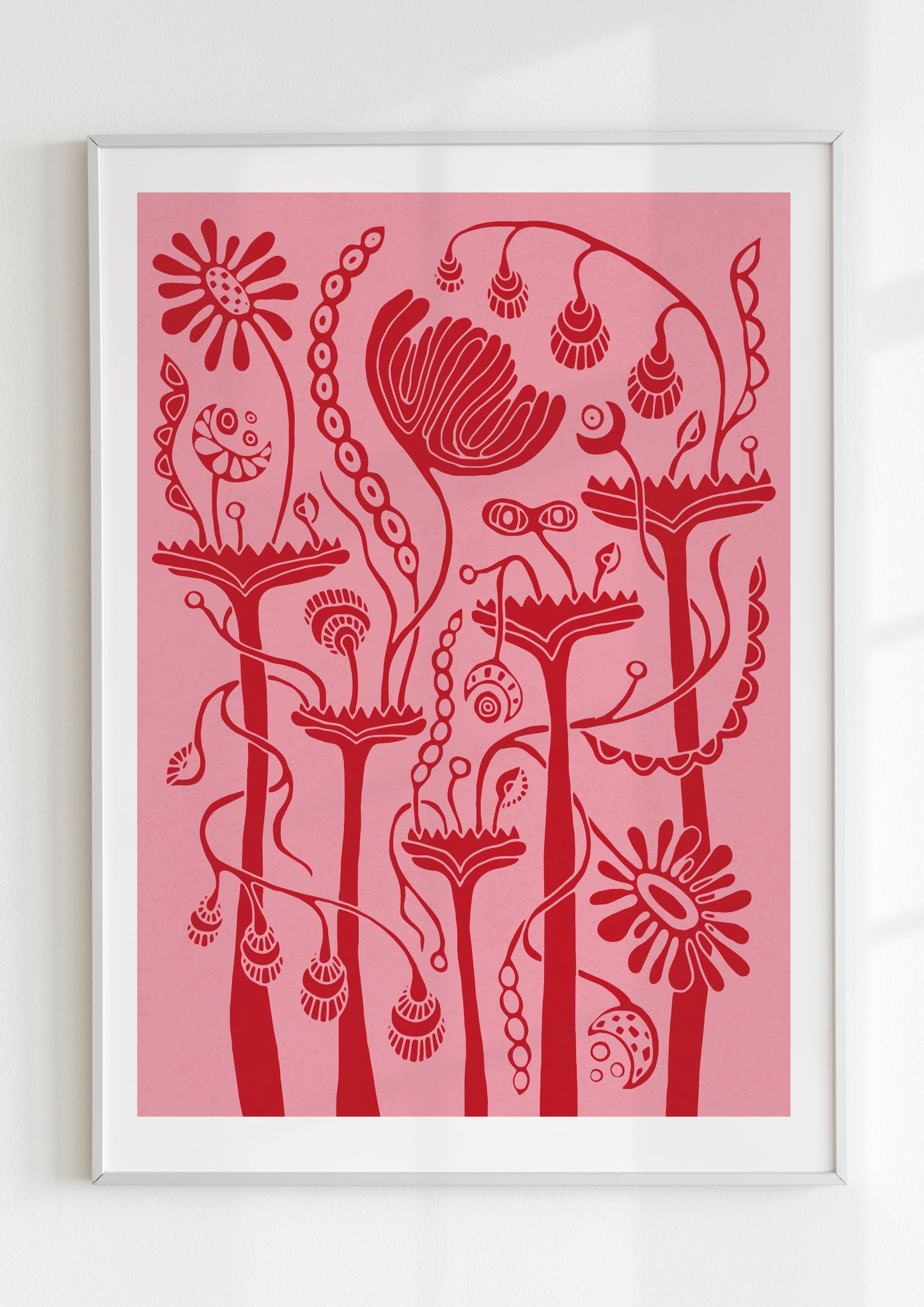 "Pink botanical wall art print, blending eclectic charm with whimsical fantasy."