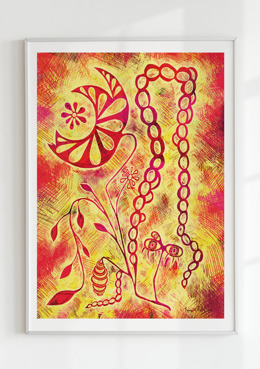 Vibrant yellow, red, and orange abstract maximalist wall art print by an independent artist.