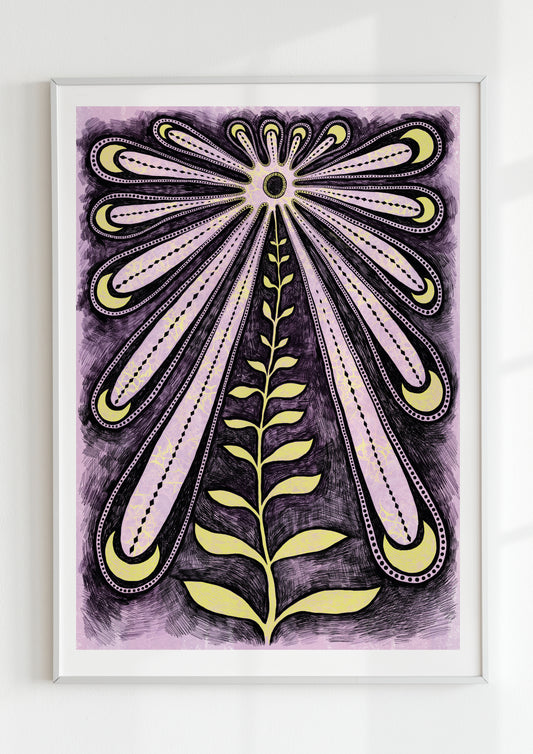 Abstract flower wall art print in light purple and black, perfect for maximalist room decor.