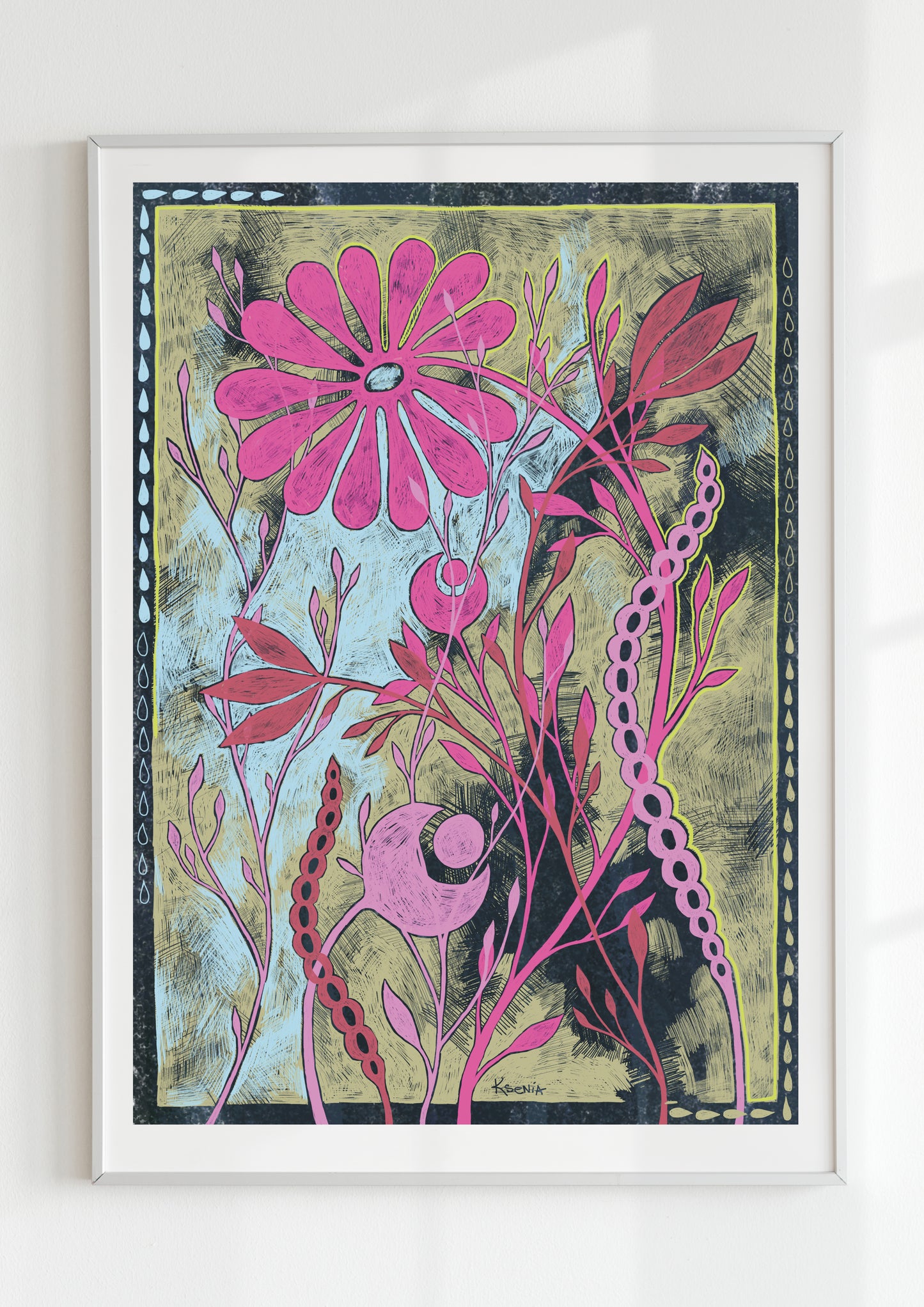 "Colorful floral poster with a bohemian flair for lively room decor"