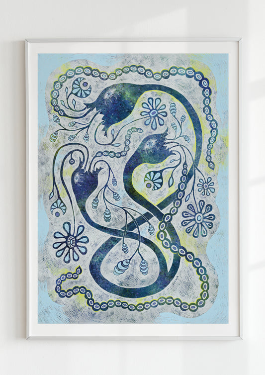 "Light blue fantasy wall art print, blending eclectic style with maximalist charm."