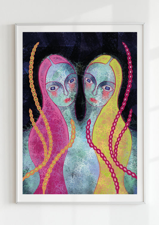 Eclectic wall art print featuring a captivating abstract portrait of two girls for unique home decor.