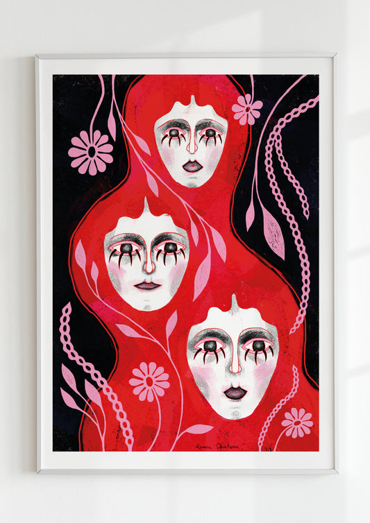 Surreal wall art print featuring three female faces enveloped in a vivid red shroud with pink floral motifs against a black background