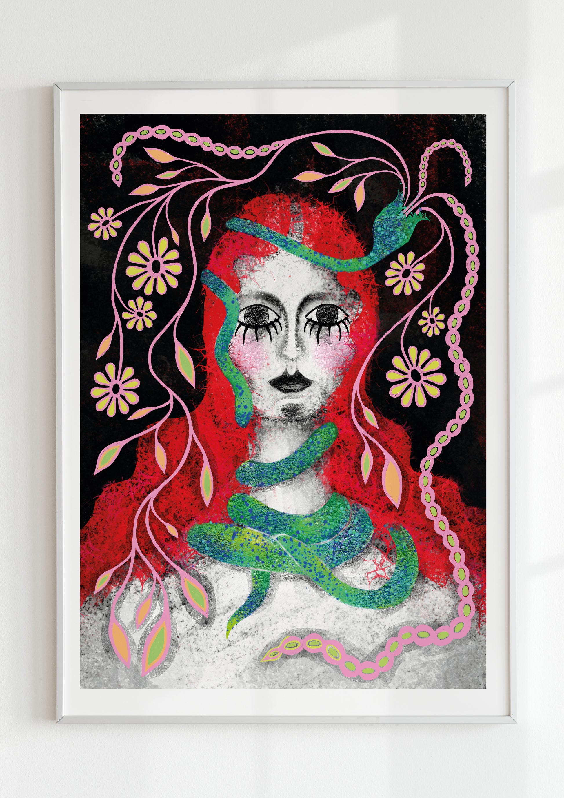 Dark maximalist wall art print featuring a fantasy female portrait, perfect for unique home decor.