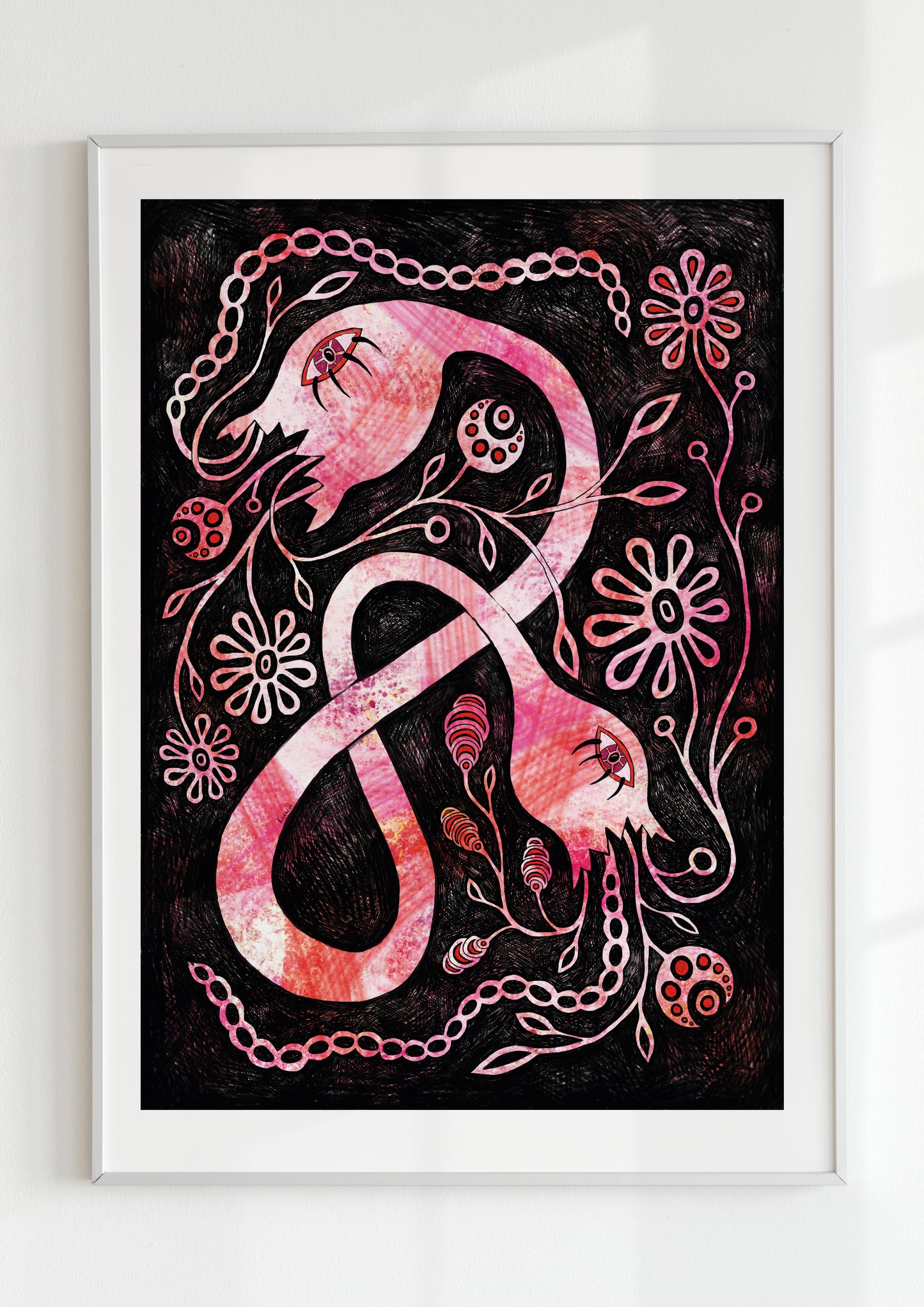 "Gothic black and red fantasy wall art print, blending folk art with maximalist style."