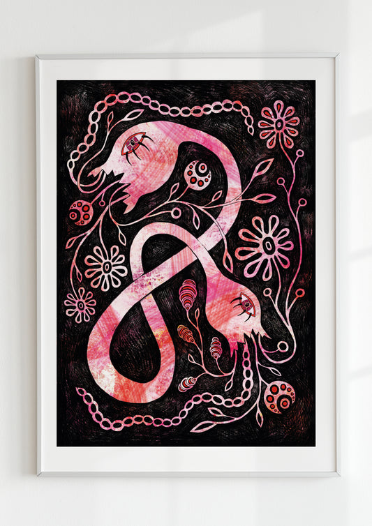 "Gothic black and red fantasy wall art print, blending folk art with maximalist style."