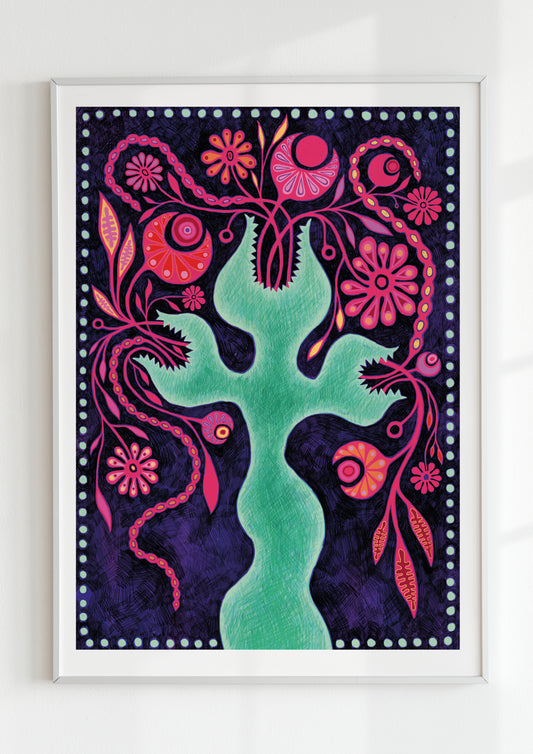 Brighten your home with this vibrant wall art print by an independent artist. Featuring a whimsical design with bold colors and intricate patterns, this unique piece adds a touch of fantasy and eclectic charm to any room. Perfect for maximalist decor enthusiasts, it's a stunning statement piece that transforms your space into a lively, creative haven.