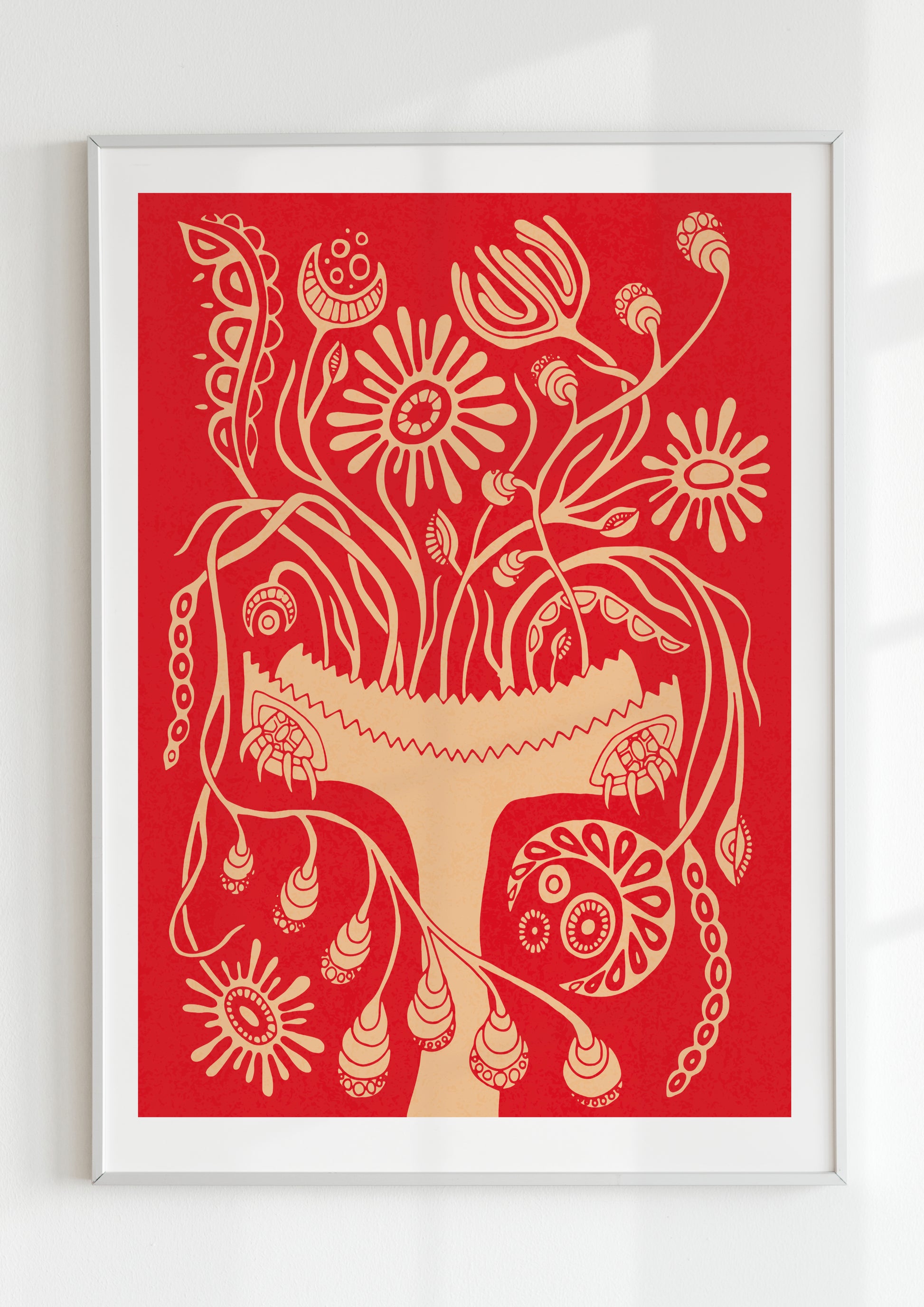 "Vibrant red and orange botanical wall art print, blending nature's beauty with eclectic charm."