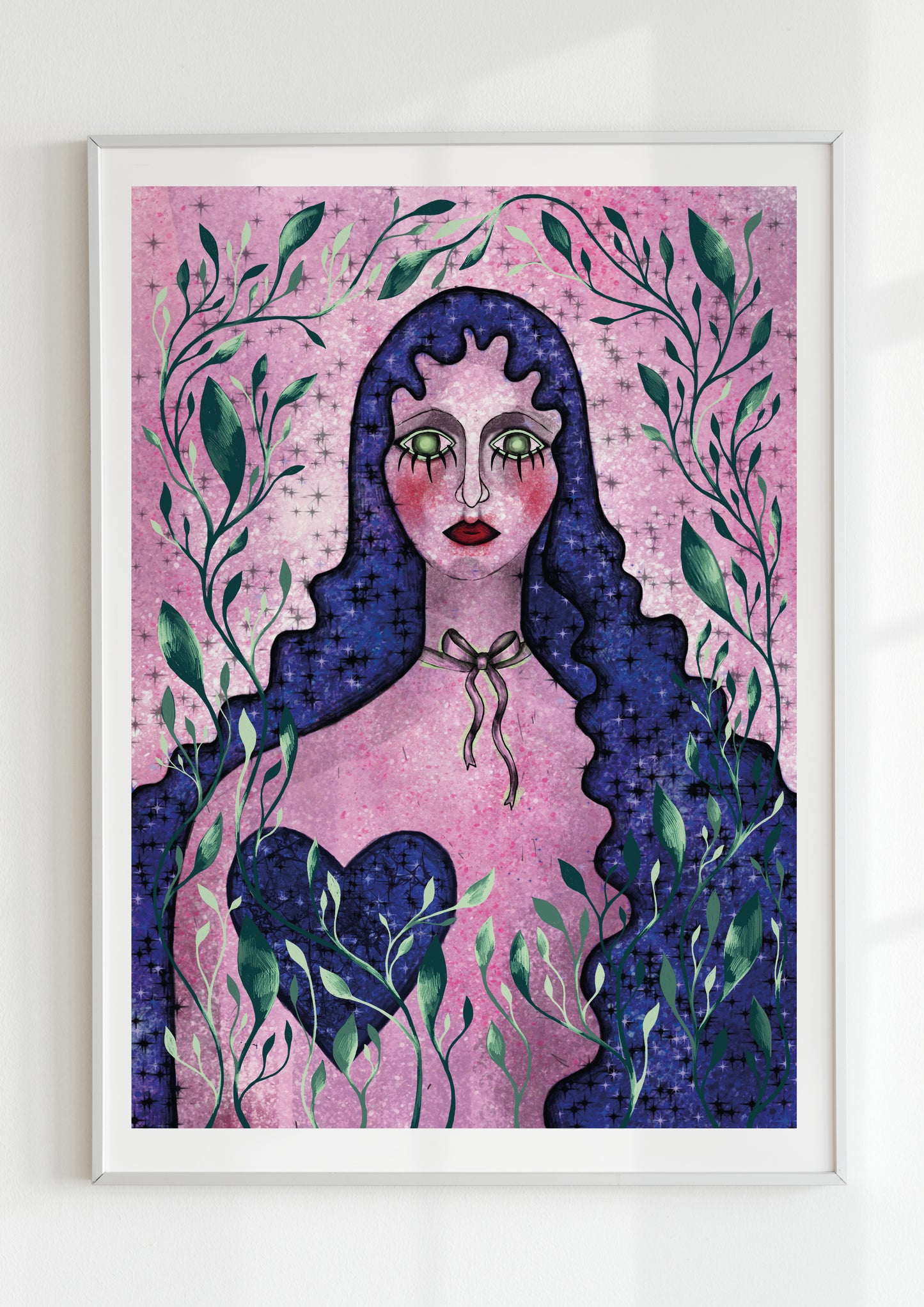 Enhance your home decor with this enchanting wall art print by an independent artist. Featuring a mystical figure surrounded by lush greenery and starry accents, this unique piece blends fantasy and surrealism. Perfect for adding a touch of whimsy and eclectic charm to your room, it's an ideal choice for those seeking distinctive and captivating artwork.