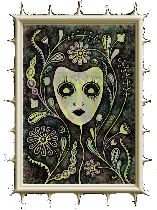 No Face But An Alluring Mask fantasy portrait art poster with gothic botanical symbolism